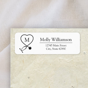Modern Heart Stethoscope Monogram Return Address Label