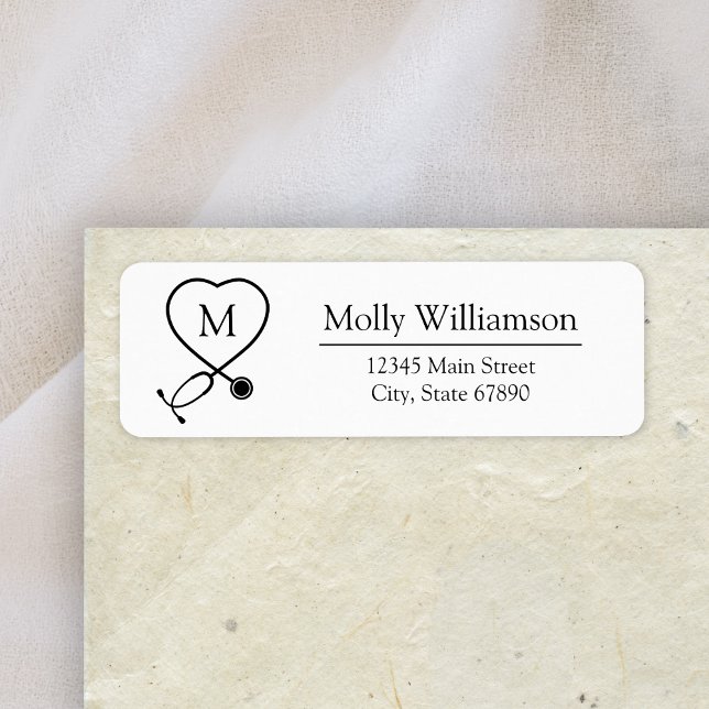Modern Heart Stethoscope Monogram Return Address Label (Creator Uploaded)