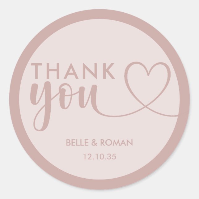  Modern Heart Thank You Calligraphy Rose Gold  Classic Round Sticker (Front)