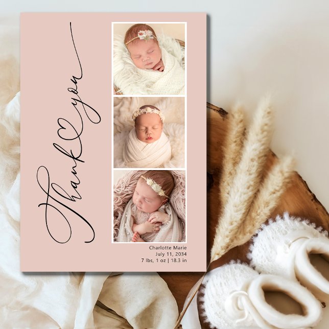 Modern Heart Three Photo Baby Thank You Card (Creator Uploaded)