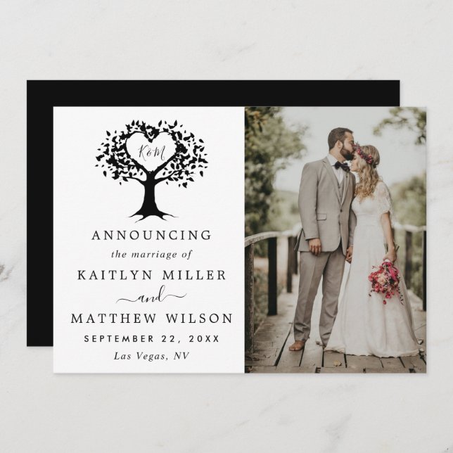 Modern Heart Tree Photo Wedding Announcement (Front/Back)