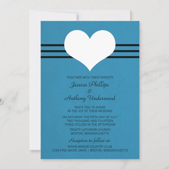 Modern Heart Wedding Invite, Blue Invitation (Front)