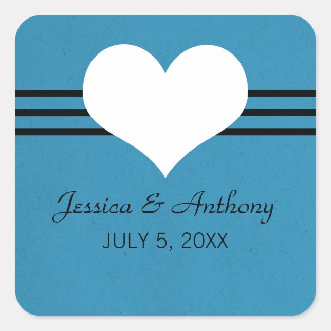 Modern Heart Wedding Stickers, Blue Square Sticker (Front)