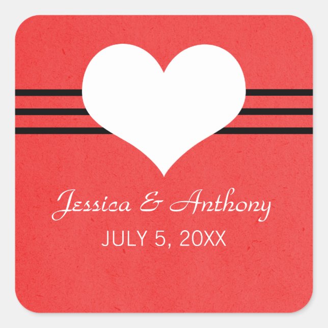 Modern Heart Wedding Stickers, Red Square Sticker (Front)