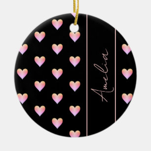 Modern Hearts Black Pink Personalised Christmas Ceramic Ornament