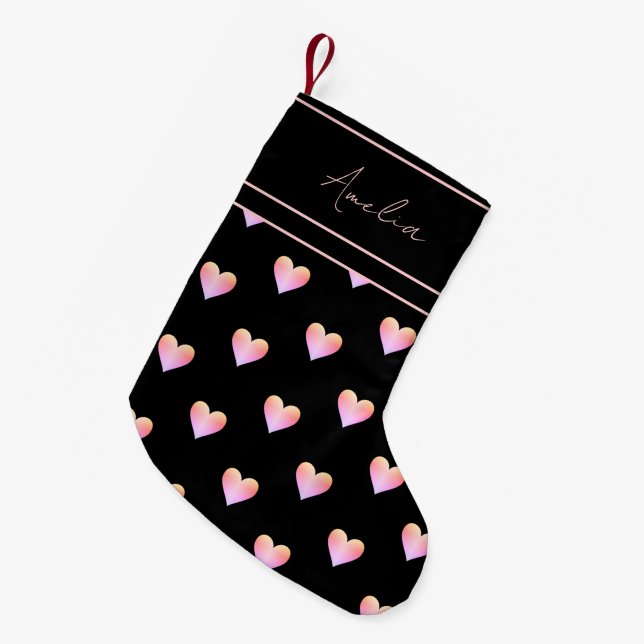 Modern Hearts Black Pink Personalised Small Christmas Stocking (Front (Hanging))