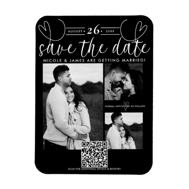 Modern Hearts Black & White Chic Save the Date Magnet (Vertical)