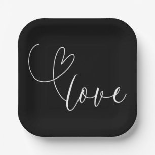 Modern Hearts Black & White Love Minimal Wedding  Paper Plate