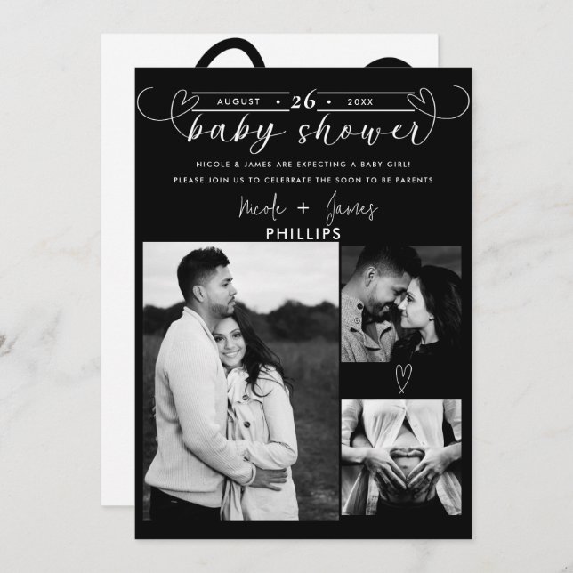 Modern Hearts Black & White Minimal Baby Shower (Front/Back)