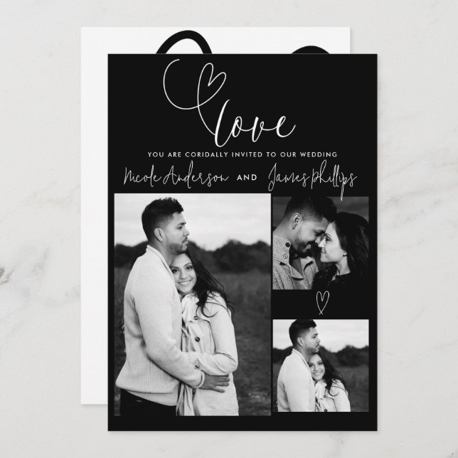 Modern Hearts Black & White Minimal LOVE Wedding (Front/Back)