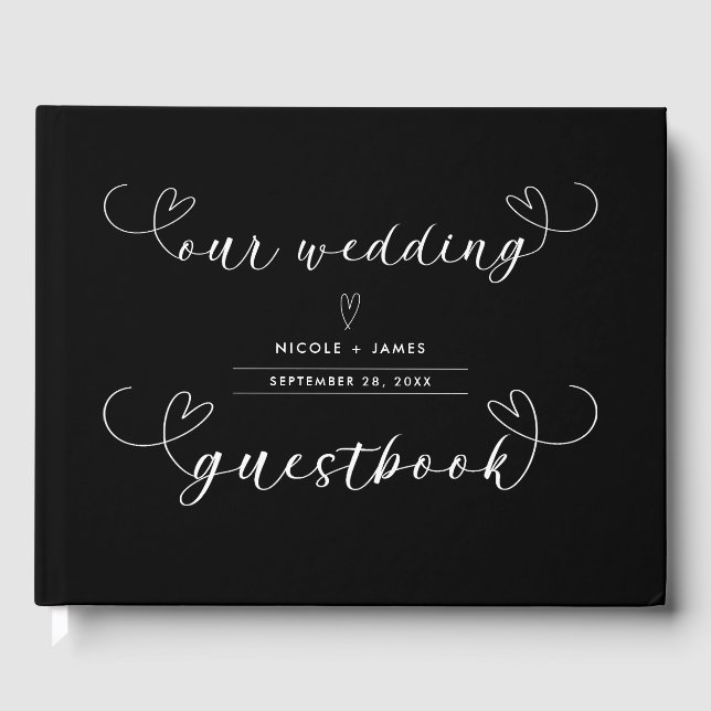Modern Hearts Black & White Minimal Wedding Guest Book (Front)