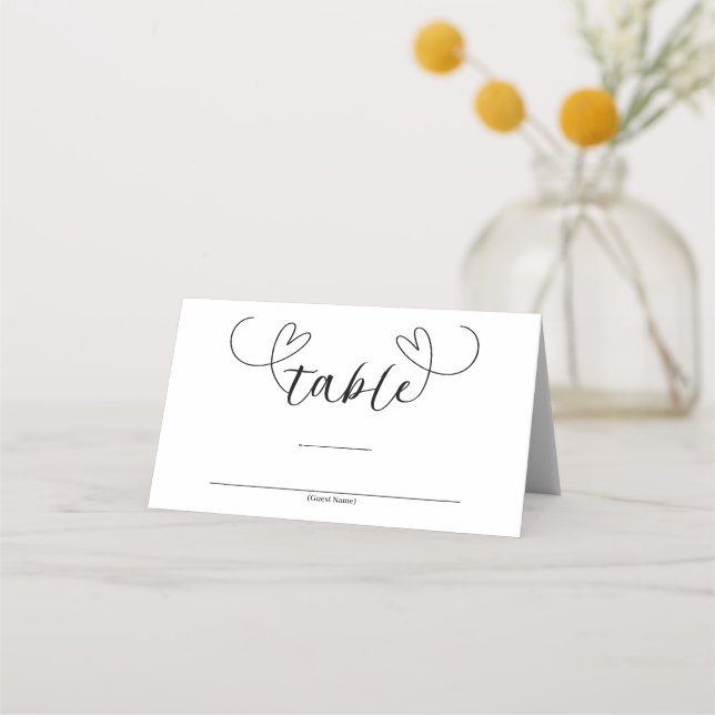 Modern Hearts Black & White Minimal Wedding Table Place Card (Front)
