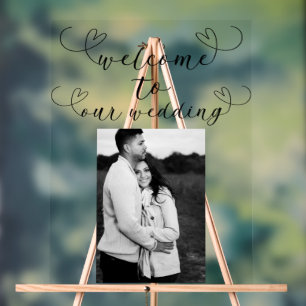 Modern Hearts Black White Minimal Wedding Welcome Acrylic Sign