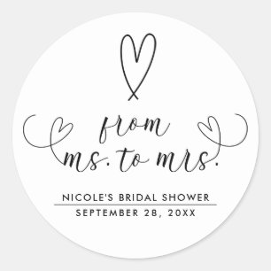 Modern Hearts Black White Ms. to Mrs. Bridal Classic Round Sticker