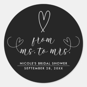 Modern Hearts Black White Ms. to Mrs. Bridal Classic Round Sticker