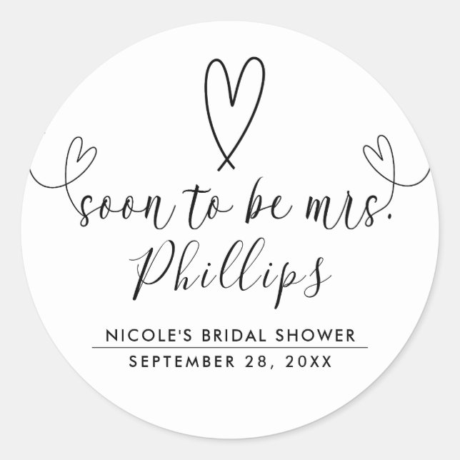 Modern Hearts Black White Soon to Be Mrs. Bridal  Classic Round Sticker (Front)