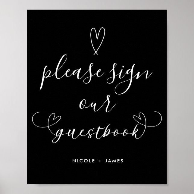 Modern Hearts Black & White Wedding Guestbook Sign (Front)