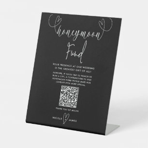 Modern Hearts Black White Wedding Honeymoon Fund Pedestal Sign