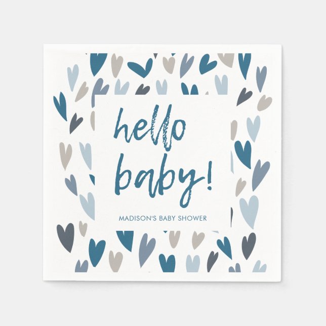 Modern Hearts Blue Boy Baby Shower Party Napkins (Front)