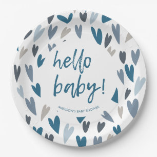 Modern Hearts Blue Boy Baby Shower Party Paper Plate
