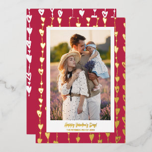 Modern hearts chain magenta photo valentine day foil holiday card