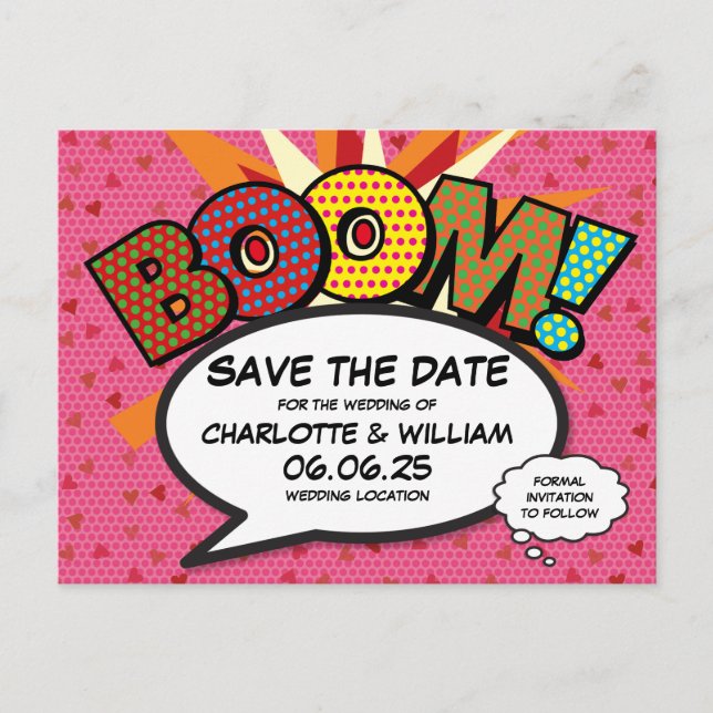 Modern Hearts Confetti Comic Wedding Save The Date Announcement Postcard (Front)
