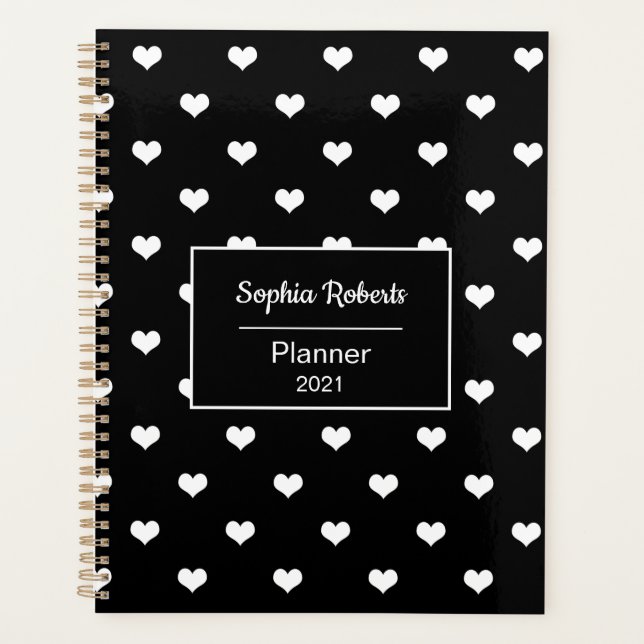 Modern hearts pattern black personalised planner (Front)