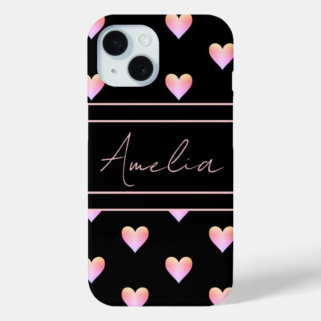 Modern Hearts Pattern Black Pink Personalised Case-Mate iPhone Case (Back)