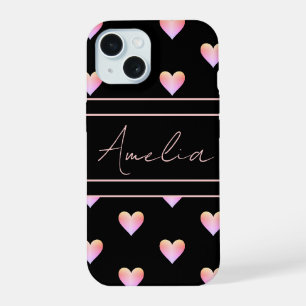 Modern Hearts Pattern Black Pink Personalised iPhone 15 Case