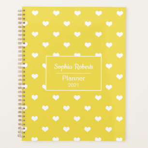 Modern hearts pattern yellow & white personalised planner