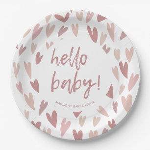 Modern Hearts Pink Girl Baby Shower Party Paper Plate