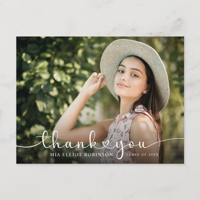 Modern Hearts Script Graduation Photo Thank you Postcard (Front)