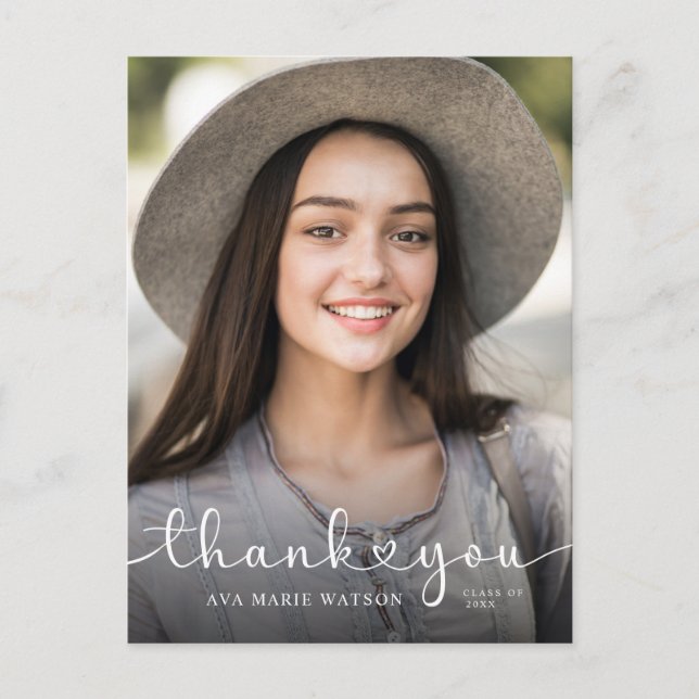 Modern Hearts Script Graduation Photo Thank you Postcard (Front)