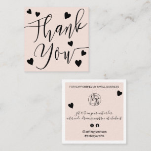 Modern hearts thank you script order blush pink square business card