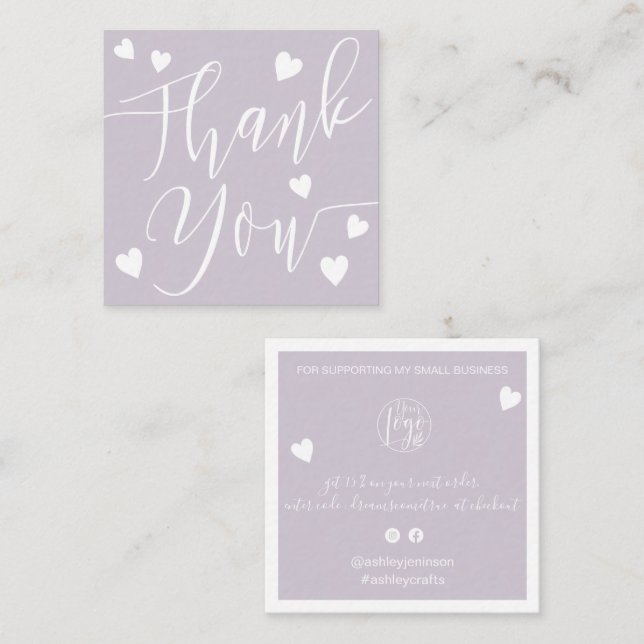 Modern hearts thank you script order lavender square business card (Front/Back)