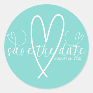 Modern Hearts Turquoise Blue Green Save the Date Classic Round Sticker