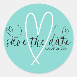 Modern Hearts Turquoise Blue Green Save the Date Classic Round Sticker