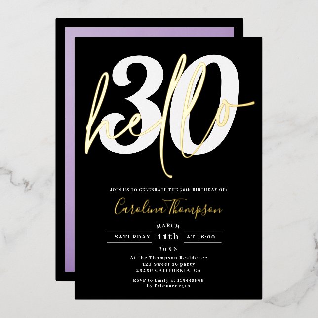 Modern hello 30 birthday photo black gold script (Front/Back)