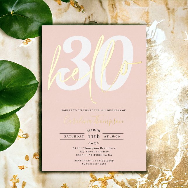 Modern hello 30 birthday photo pink gold script (Modern hello 30 birthday photo pink gold script foil invitation)