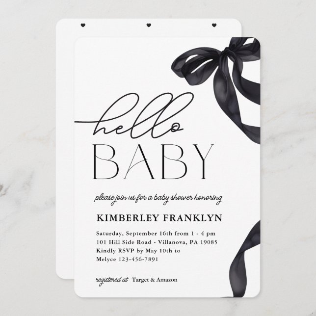 Modern Hello Baby Bow Baby Shower Invitation (Front/Back)