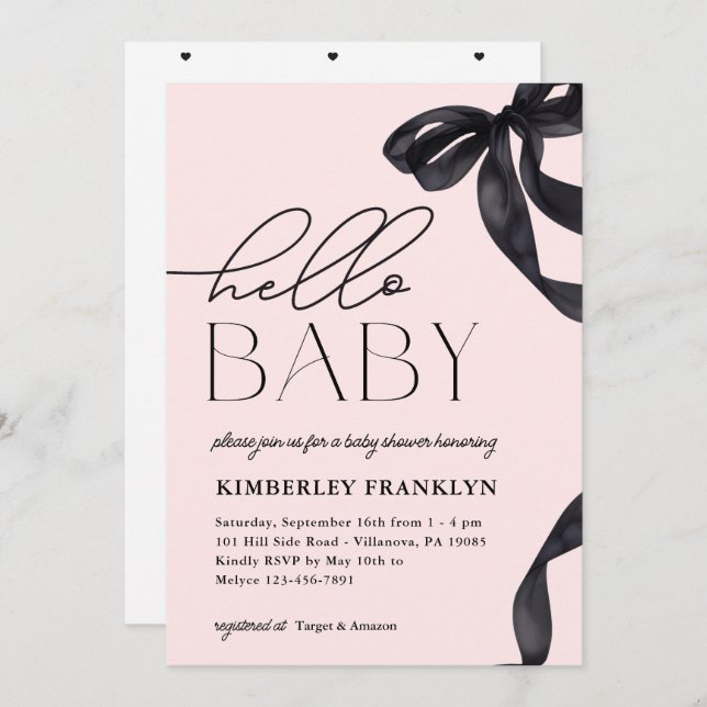 Modern Hello Baby Bow Girl Baby Shower Invitation (Front/Back)