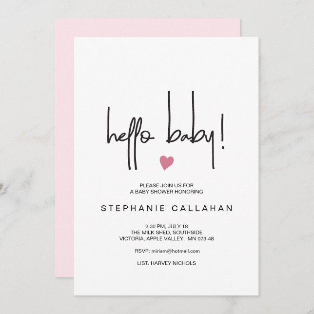 Modern Hello Baby Girl Shower Invite Pink Heart (Front/Back)