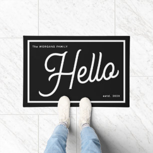 Modern Hello Black White Script Family Name Doormat