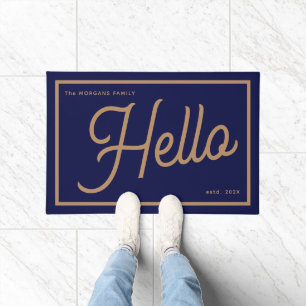 Modern Hello Blue Gold Script Family Name Doormat