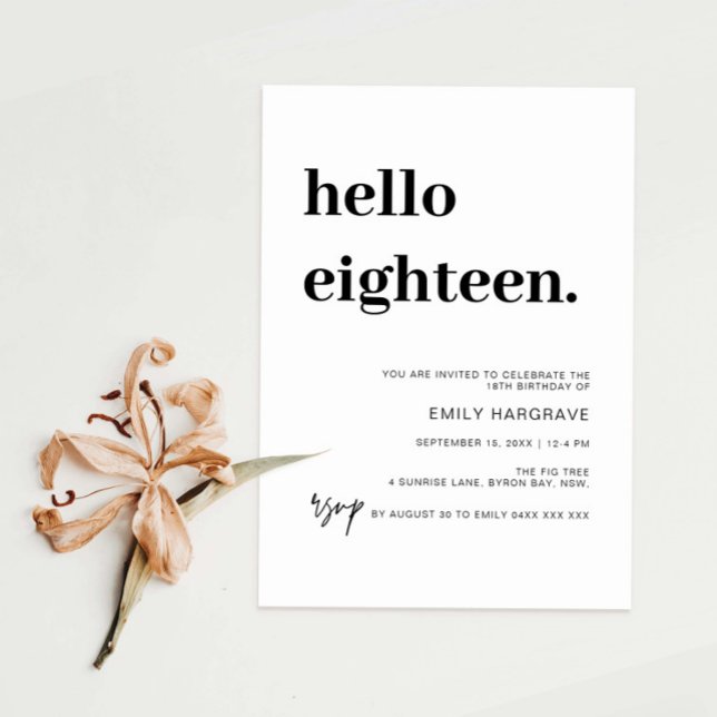 Modern Hello Eighteen Birthday Party Invitation (Creator Uploaded)
