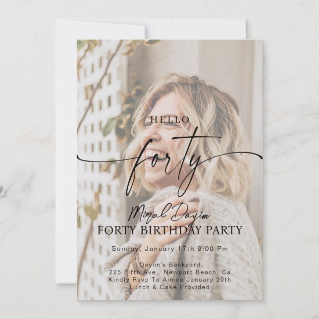 Modern Hello FORTY 40th Birthday Party Photo  Invitation (Front)