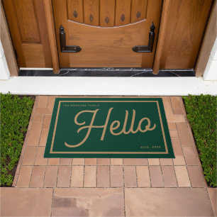 Modern Hello Green Gold Script Family Name Doormat