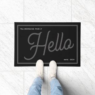 Modern Hello Grey White Script Family Name Doormat