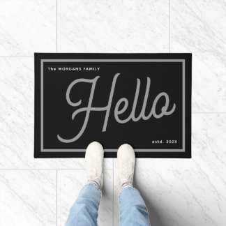 Modern Hello Grey White Script Family Name Doormat