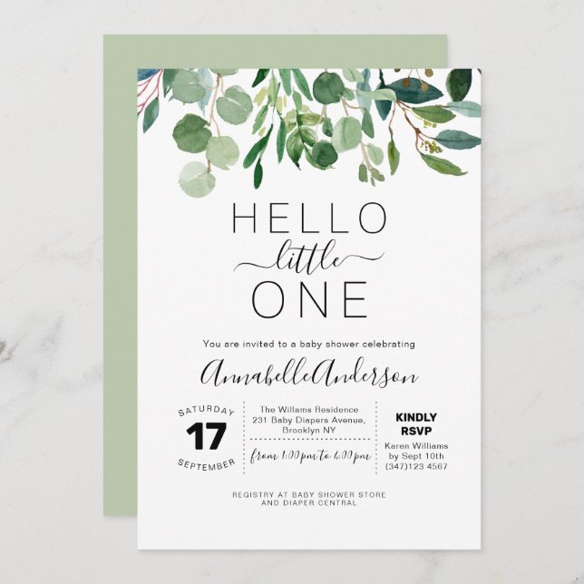 Modern Hello Little One Greenery Baby Shower Invitation (Front/Back)
